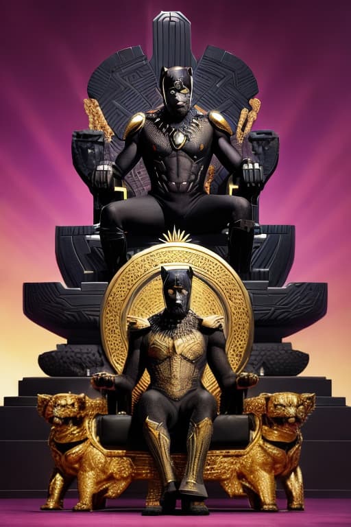  T’Chala the Black Panther sitting on his  golden throne with diamonds in it with two black tigers at his side