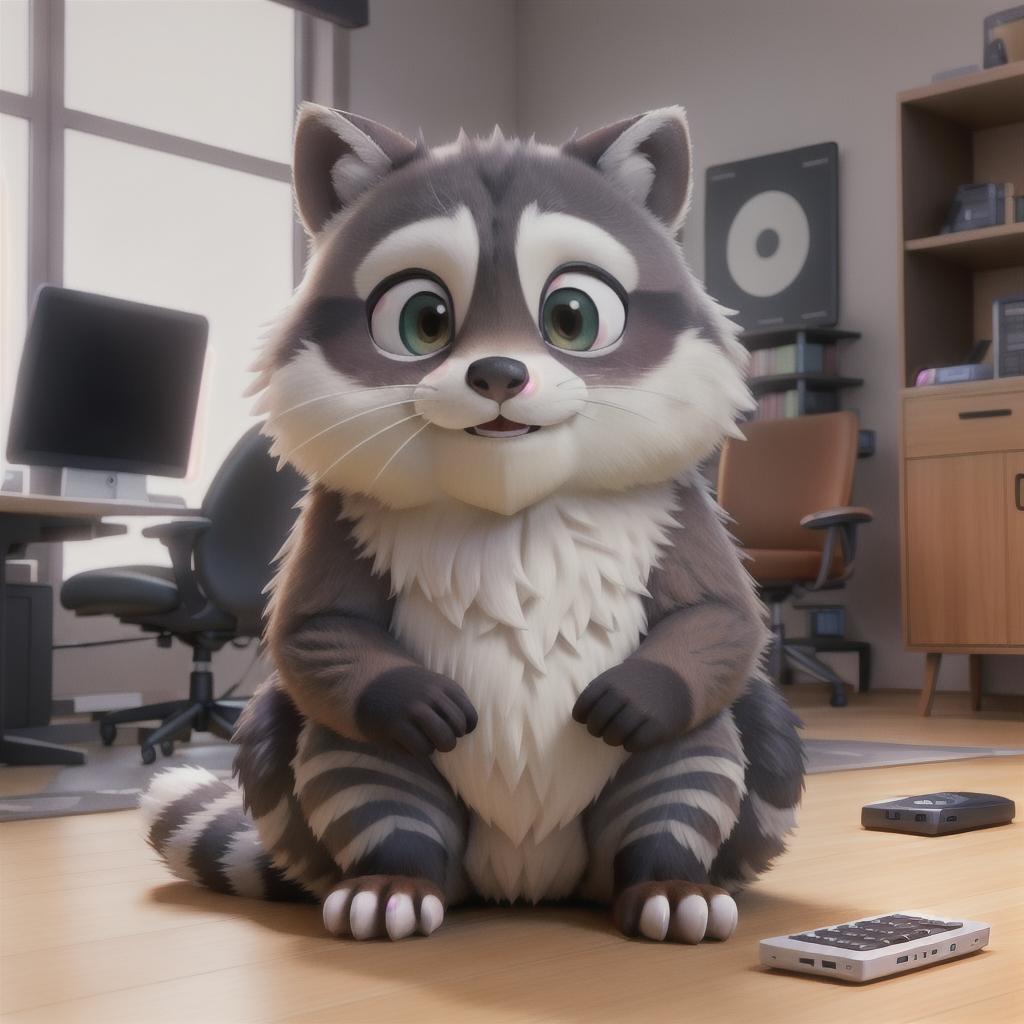  raccoon sitting in gaming chair front a computer on desktop, ((semi anthropomorphic)),(full body), tail, belly, sitting, fat, (chubby), (((white background))), solo, desktop, gaming chair, side view,  [[[clothes]]] hyperrealistic, full body, detailed clothing, highly detailed, cinematic lighting, stunningly beautiful, intricate, sharp focus, f/1. 8, 85mm, (centered image composition), (professionally color graded), ((bright soft diffused light)), volumetric fog, trending on instagram, trending on tumblr, HDR 4K, 8K