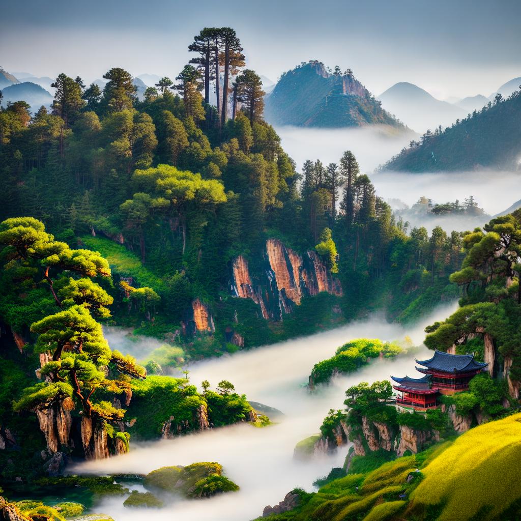  ((masterpiece)),(((best quality))), 8k, high detailed, ultra-detailed. A traditional Chinese landscape painting. Rolling hills, (mist-covered mountains), (ancient pine trees), (bamboo forest), (lotus pond), (pagoda in the distance), (flowing waterfall). hyperrealistic, full body, detailed clothing, highly detailed, cinematic lighting, stunningly beautiful, intricate, sharp focus, f/1. 8, 85mm, (centered image composition), (professionally color graded), ((bright soft diffused light)), volumetric fog, trending on instagram, trending on tumblr, HDR 4K, 8K