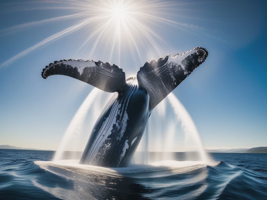  National geographic award winning drone photograph of a humpback whale spraying and spouting water above the surface, exciting movement, bright light, film grain, lens flare, bright morning sky, kodachrome iso 200