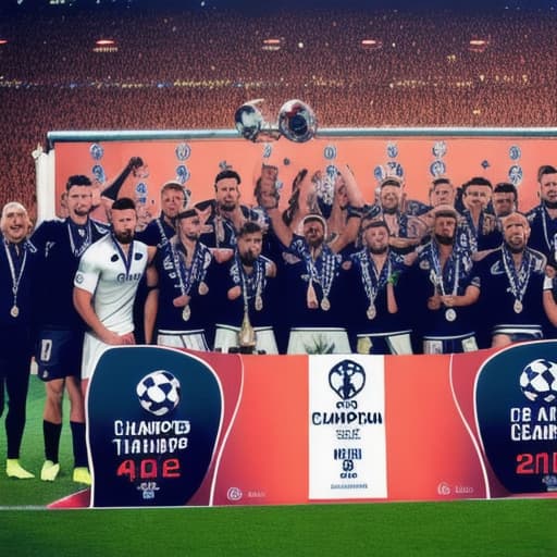  A football team of 11 players and two Coaches with a champions league trophy and a banner at the top saying congratulations billions