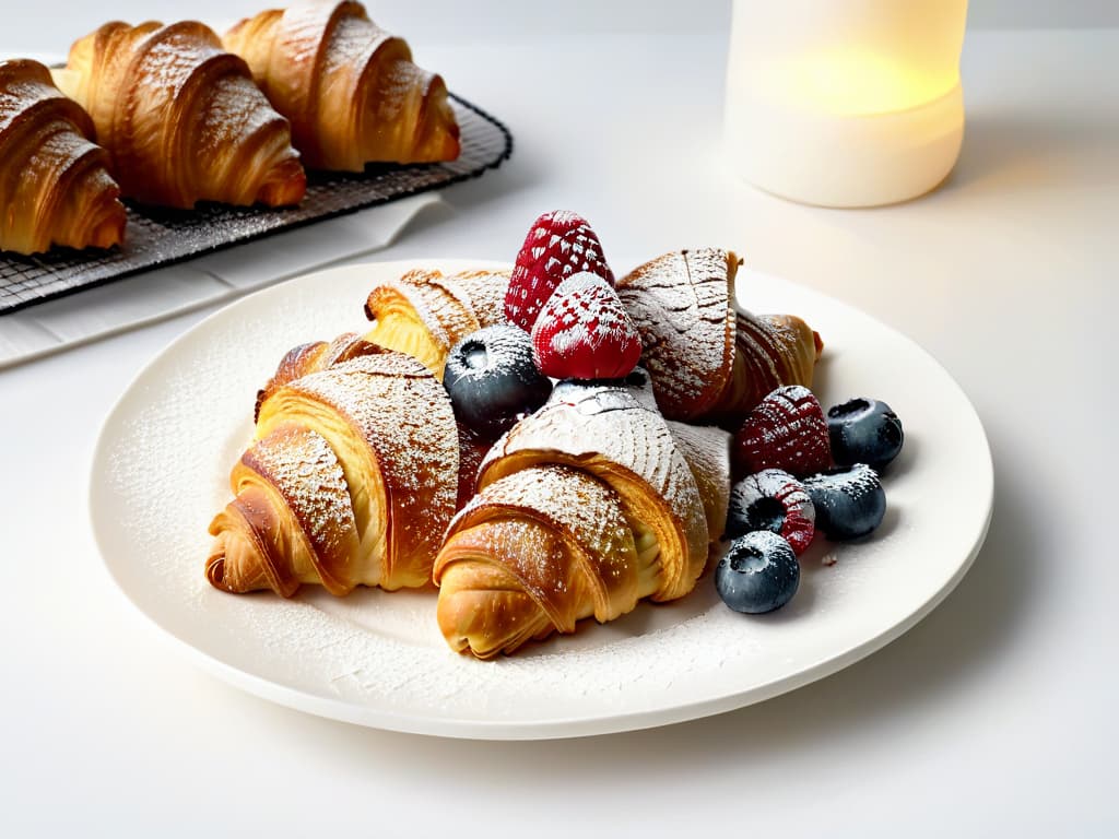  A closeup, ultradetailed image of a perfectly golden and flaky vegan and glutenfree croissant, placed on a sleek, modern white plate. The croissant is delicately sprinkled with powdered sugar, with a few fresh berries scattered around it. The lighting is soft, creating a warm and inviting ambiance, highlighting the layers of the croissant and the vibrant colors of the berries. hyperrealistic, full body, detailed clothing, highly detailed, cinematic lighting, stunningly beautiful, intricate, sharp focus, f/1. 8, 85mm, (centered image composition), (professionally color graded), ((bright soft diffused light)), volumetric fog, trending on instagram, trending on tumblr, HDR 4K, 8K