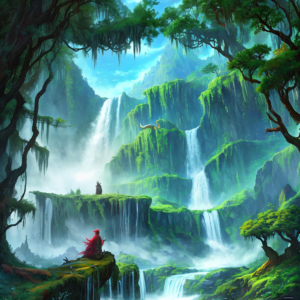  in a fantasy setting, Paint a surreal landscape where mythical beasts roam amidst cascading waterfalls.