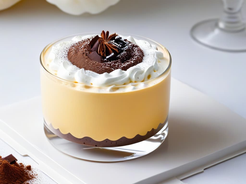  A closeup, ultradetailed image of a perfectly whipped mousse in a sleek, modern glass dessert cup. The mousse is light and airy, with tiny bubbles visible, creating a smooth texture. The surface is garnished with a delicate sprinkle of cocoa powder, enhancing the elegant presentation. The glass reflects a soft, diffused light, highlighting the creamy richness of the dessert against a subtly blurred background, emphasizing the focus on the exquisite mousse. hyperrealistic, full body, detailed clothing, highly detailed, cinematic lighting, stunningly beautiful, intricate, sharp focus, f/1. 8, 85mm, (centered image composition), (professionally color graded), ((bright soft diffused light)), volumetric fog, trending on instagram, trending on tumblr, HDR 4K, 8K