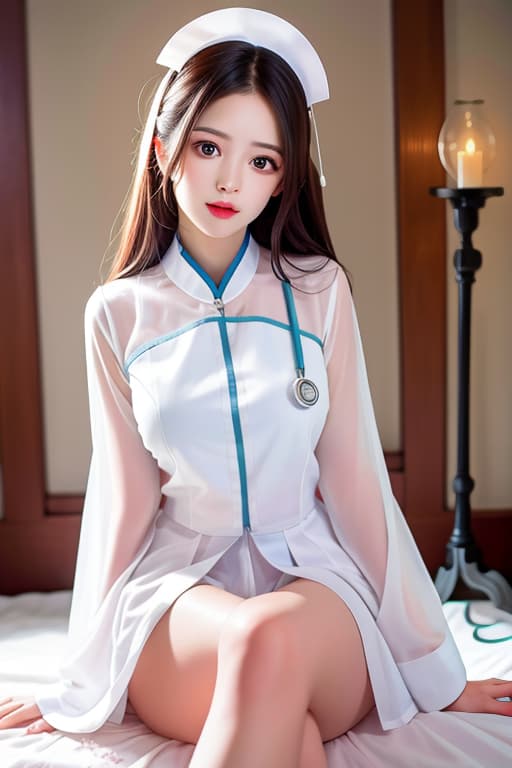  (:1.4), :1.4 , Lovely nurse, long curvy hair, wearing white , laying on , masterpiece, (detailed face), (detailed clothes), f/1.4, ISO 200, 1/160s, 4K, unedited, symmetrical balance, in-frame, masterpiece, perfect lighting, (beautiful face), (detailed face), (detailed clothes), 1 , (woman), 4K, ultrarealistic, unedited, symmetrical balance, in-frame