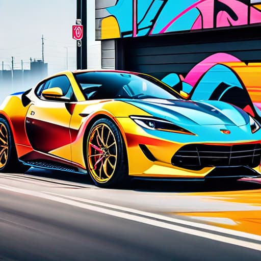  Create a painting of a colorful sports car with clear, powerful lines emphasized in a graffiti style. The car should embody a hip hop vibe, placed against a stark white background. The painting captures the dynamic energy and bold aesthetics typical of street art, highlighting the car's sleek design. hyperrealistic, full body, detailed clothing, highly detailed, cinematic lighting, stunningly beautiful, intricate, sharp focus, f/1. 8, 85mm, (centered image composition), (professionally color graded), ((bright soft diffused light)), volumetric fog, trending on instagram, trending on tumblr, HDR 4K, 8K