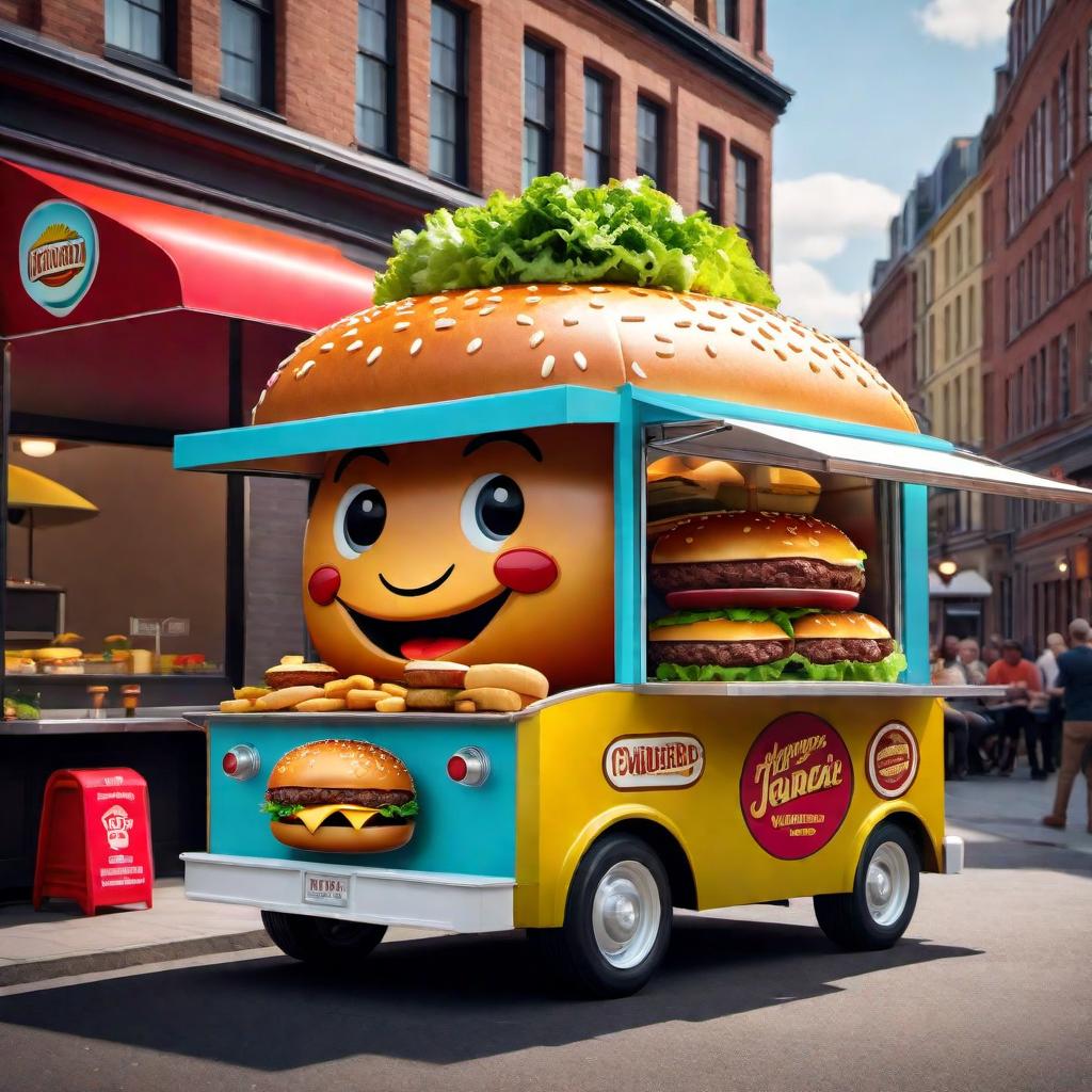  A cartoon character of a hamburger designed as a food truck logo. The hamburger should have a friendly and welcoming face, embodying the spirit of a delightful street food experience. It should be colorful and engaging, suitable for attracting customers of all ages. hyperrealistic, full body, detailed clothing, highly detailed, cinematic lighting, stunningly beautiful, intricate, sharp focus, f/1. 8, 85mm, (centered image composition), (professionally color graded), ((bright soft diffused light)), volumetric fog, trending on instagram, trending on tumblr, HDR 4K, 8K