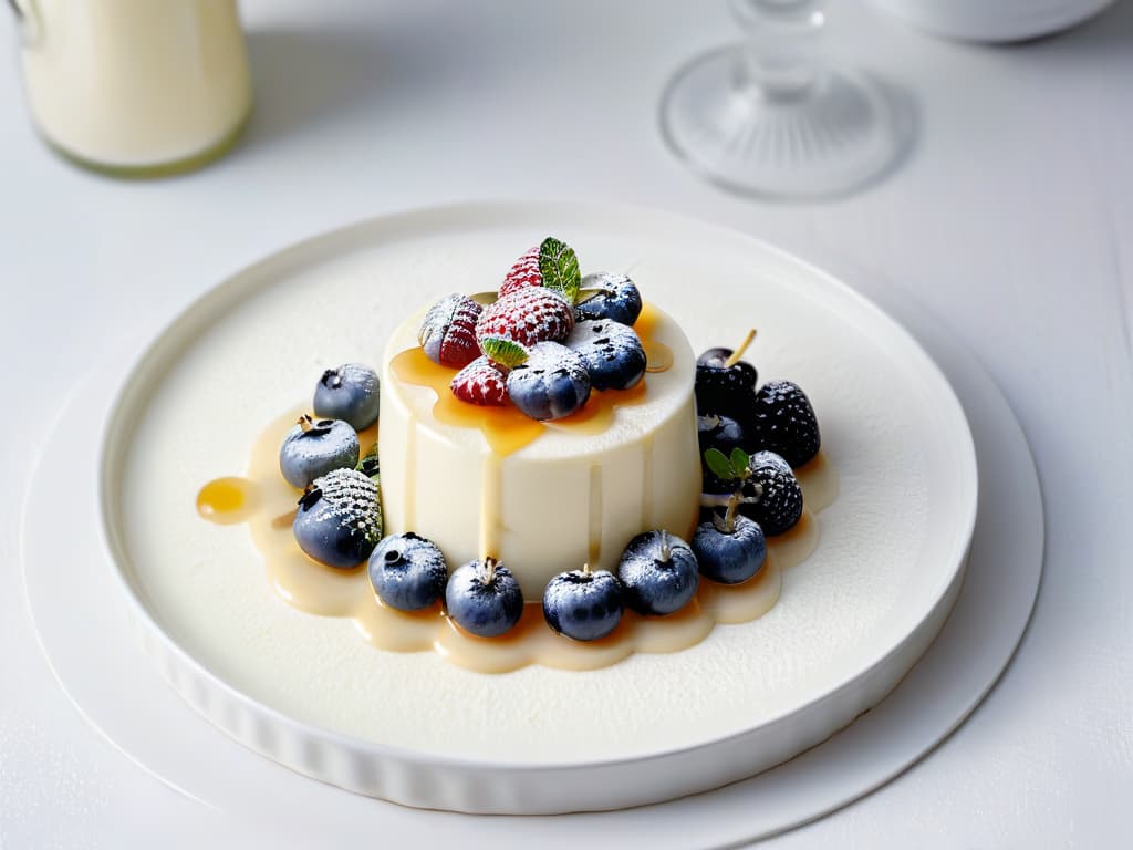  A closeup, ultradetailed image of a creamy and smooth kefir panna cotta topped with fresh berries, mint leaves, and a drizzle of honey, elegantly presented on a simple, white ceramic plate against a soft, blurred background. The dessert is perfectly set, capturing the light to reveal its silky texture, with the vibrant colors of the berries and green mint leaves creating a visually appealing contrast. The focus is on the intricate details of the dessert, highlighting the richness and health benefits of incorporating kefir into indulgent treats. hyperrealistic, full body, detailed clothing, highly detailed, cinematic lighting, stunningly beautiful, intricate, sharp focus, f/1. 8, 85mm, (centered image composition), (professionally color graded), ((bright soft diffused light)), volumetric fog, trending on instagram, trending on tumblr, HDR 4K, 8K