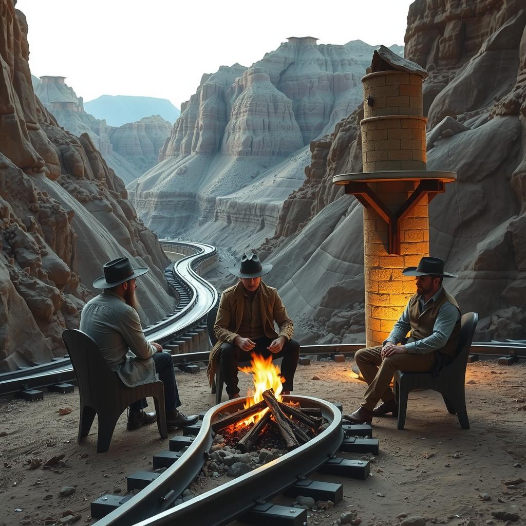  create a western inspired photograph shot in 50mm from a first person view sitting around a campfire. also inspired by roger deakins cinematogrphy work. this photograph has to emphasize tension and each section is motivating each other to tell a story. in the midground shows a railway going into a man sized mining cavern. the overall scene is set in a desert setting at dawn just before the sunrise. the scene is seperated in three sections, the foreground, middleground, and background. the background shows a deep canyon below with rugged rock formations and a winding river that tapers down into the distance. the midground appears closer to your area at around 100 ft away and comprises part of a canyonside. within this canyonside you see a ra hyperrealistic, full body, detailed clothing, highly detailed, cinematic lighting, stunningly beautiful, intricate, sharp focus, f/1. 8, 85mm, (centered image composition), (professionally color graded), ((bright soft diffused light)), volumetric fog, trending on instagram, trending on tumblr, HDR 4K, 8K