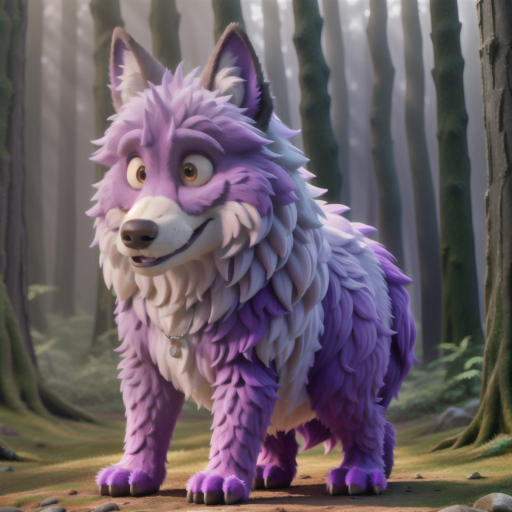  A beautiful, furry anthropomorphic, humanoid wolf in a forest, bare, , large s, baring teeth, purple fur, slit, looking at viewer ly, hyperrealistic, full body, detailed clothing, highly detailed, cinematic lighting, stunningly beautiful, intricate, sharp focus, f/1. 8, 85mm, (centered image composition), (professionally color graded), ((bright soft diffused light)), volumetric fog, trending on instagram, trending on tumblr, HDR 4K, 8K