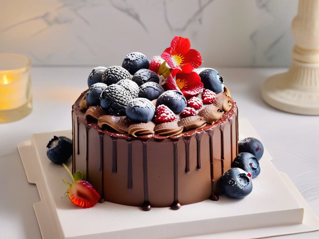  A stunning 8k ultradetailed image of a beautifully decorated vegan chocolate cake topped with fresh berries and edible flowers, set on a sleek white marble cake stand against a soft pastel background. The cake is intricately garnished with delicate chocolate shavings and gold leaf accents, showcasing a perfect balance of elegance and indulgence in vegan baking. hyperrealistic, full body, detailed clothing, highly detailed, cinematic lighting, stunningly beautiful, intricate, sharp focus, f/1. 8, 85mm, (centered image composition), (professionally color graded), ((bright soft diffused light)), volumetric fog, trending on instagram, trending on tumblr, HDR 4K, 8K