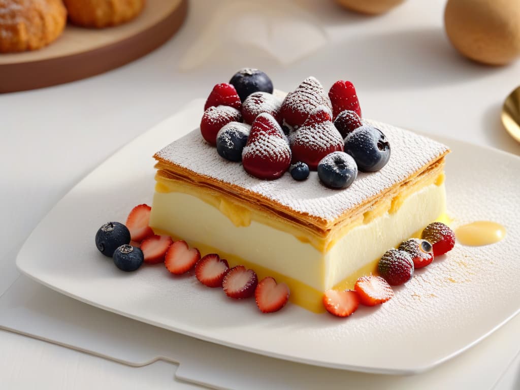  A closeup, ultradetailed image of a perfectly layered milhojas dessert with creamy custard oozing out slightly from the sides, adorned with vibrant fresh fruits of the forest on top. The layers of delicate puff pastry and velvety custard are beautifully visible, showcasing the intricate artistry and luscious appeal of this decadent dessert. The fruits glisten enticingly under a soft, natural light, highlighting the rich textures and colors of the dessert, making it a feast for the eyes. hyperrealistic, full body, detailed clothing, highly detailed, cinematic lighting, stunningly beautiful, intricate, sharp focus, f/1. 8, 85mm, (centered image composition), (professionally color graded), ((bright soft diffused light)), volumetric fog, trending on instagram, trending on tumblr, HDR 4K, 8K