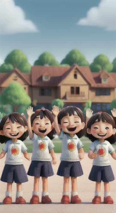  {A heartwarming scene of all the children waving goodbye with happy expressions., Children waving with wide smiles, looking grateful and content.