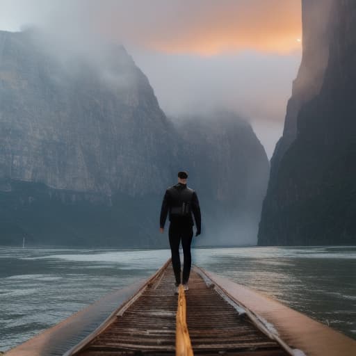  un homme qui marche sur l'eau hyperrealistic, full body, detailed clothing, highly detailed, cinematic lighting, stunningly beautiful, intricate, sharp focus, f/1. 8, 85mm, (centered image composition), (professionally color graded), ((bright soft diffused light)), volumetric fog, trending on instagram, trending on tumblr, HDR 4K, 8K