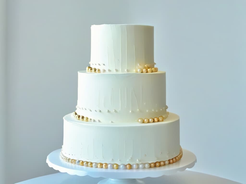  A closeup, ultradetailed image of a pristine white wedding cake adorned with intricate gold sugar pearls and delicate edible gold leaf decorations, set against a soft focus background to highlight the luxurious details and craftsmanship. The pearls glisten under a soft, natural light, showcasing the premium quality ingredients and elegant design that elevate the cake into a work of art. hyperrealistic, full body, detailed clothing, highly detailed, cinematic lighting, stunningly beautiful, intricate, sharp focus, f/1. 8, 85mm, (centered image composition), (professionally color graded), ((bright soft diffused light)), volumetric fog, trending on instagram, trending on tumblr, HDR 4K, 8K