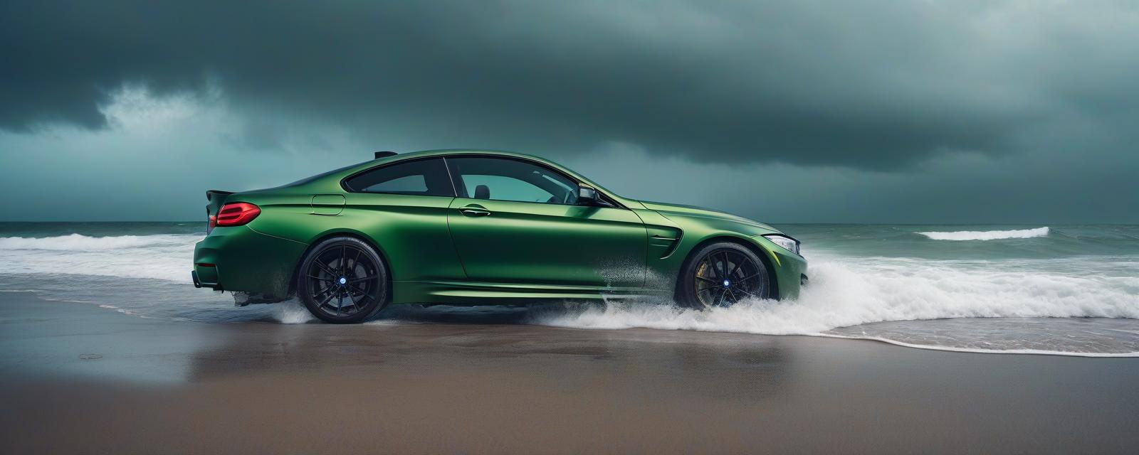  biomechanical cyberpunk A BMW M4, dark green, on the beach during a storm. . cybernetics, human machine fusion, dystopian, organic meets artificial, dark, intricate, highly detailed hyperrealistic, full body, detailed clothing, highly detailed, cinematic lighting, stunningly beautiful, intricate, sharp focus, f/1. 8, 85mm, (centered image composition), (professionally color graded), ((bright soft diffused light)), volumetric fog, trending on instagram, trending on tumblr, HDR 4K, 8K