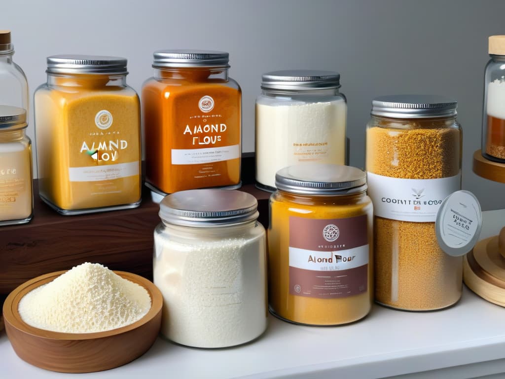  An ultradetailed, 8K resolution image of a perfectly arranged assortment of premium alternative flours like almond flour and coconut flour, elegantly displayed in sleek glass jars on a white marble countertop. The soft, natural light gently illuminates the grains, highlighting their textures and colors, creating a harmonious and visually appealing composition that embodies sophistication and quality. hyperrealistic, full body, detailed clothing, highly detailed, cinematic lighting, stunningly beautiful, intricate, sharp focus, f/1. 8, 85mm, (centered image composition), (professionally color graded), ((bright soft diffused light)), volumetric fog, trending on instagram, trending on tumblr, HDR 4K, 8K