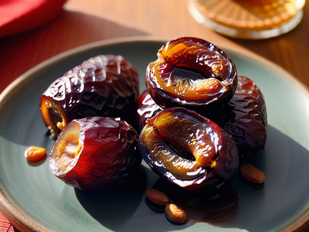  A closeup, ultradetailed image of a medjool date split in half, showcasing its rich, caramellike texture, glossy surface, and glistening, plump interior filled with natural sugars. The intricate details of the date's wrinkled skin and the golden hues of the flesh create a visually stunning and mouthwatering composition that perfectly complements the article's focus on using dates as a natural sweetener in healthy recipes. hyperrealistic, full body, detailed clothing, highly detailed, cinematic lighting, stunningly beautiful, intricate, sharp focus, f/1. 8, 85mm, (centered image composition), (professionally color graded), ((bright soft diffused light)), volumetric fog, trending on instagram, trending on tumblr, HDR 4K, 8K