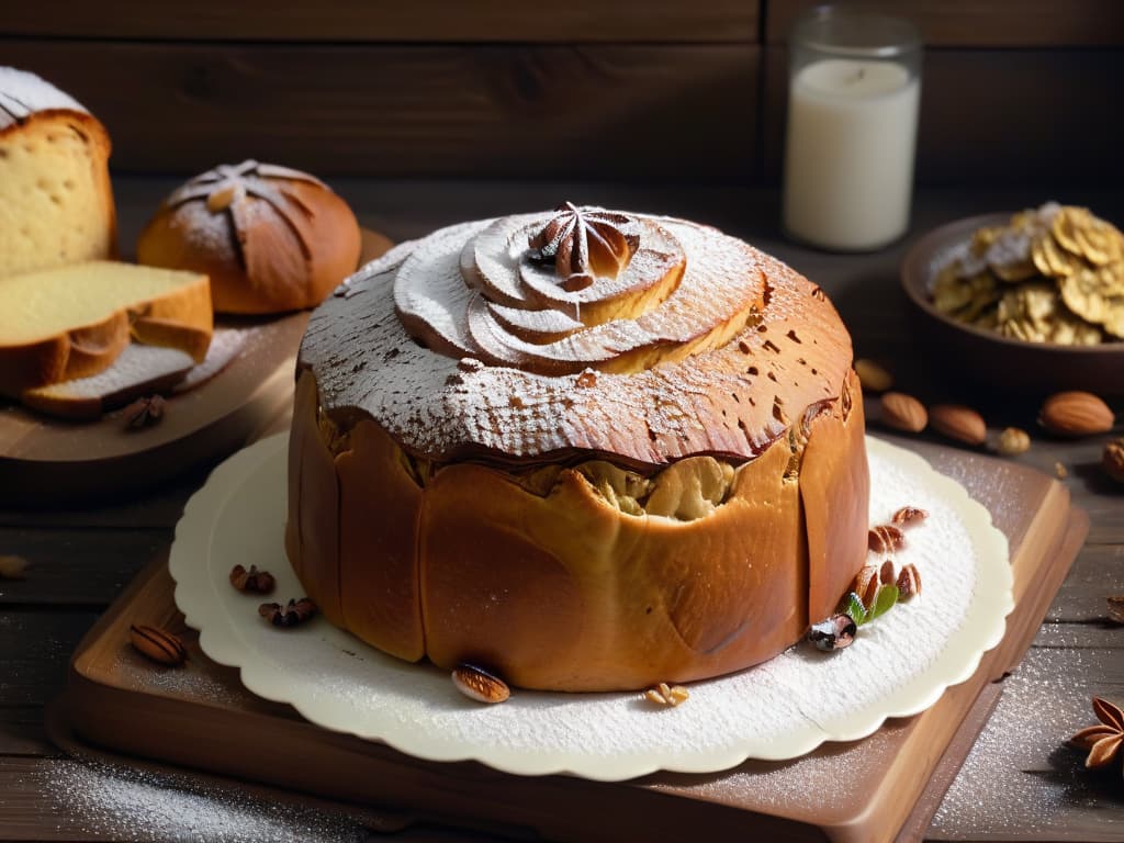  A closeup, minimalist image of a perfectly goldenbrown, domeshaped panettone with a delicate dusting of powdered sugar on top, resting on a rustic wooden table. The texture of the bread should be visible, showcasing the fluffy interior dotted with candied fruits and nuts. The soft natural lighting highlights the intricate details of the panettone, creating a mouthwatering and inviting visual for the readers. hyperrealistic, full body, detailed clothing, highly detailed, cinematic lighting, stunningly beautiful, intricate, sharp focus, f/1. 8, 85mm, (centered image composition), (professionally color graded), ((bright soft diffused light)), volumetric fog, trending on instagram, trending on tumblr, HDR 4K, 8K