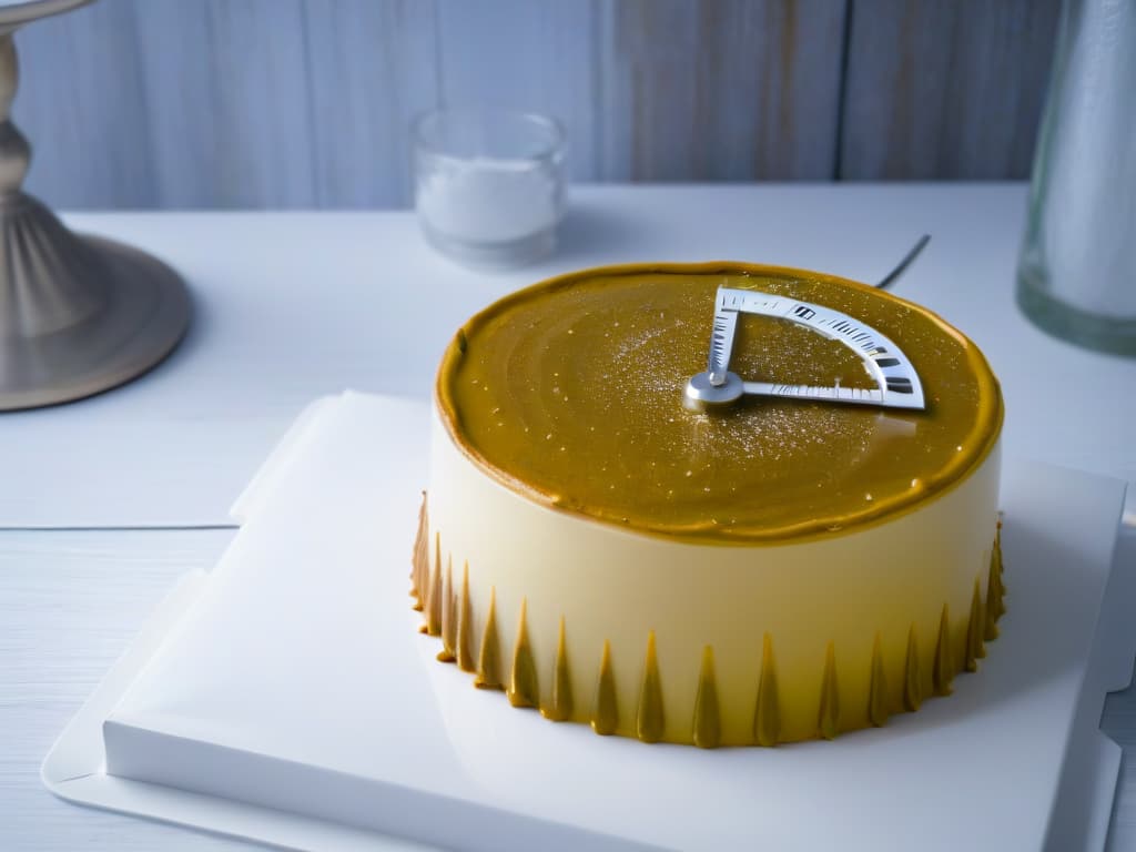  A closeup, ultradetailed image of a shiny stainless steel kitchen thermometer inserted into a perfectly baked cake, showcasing precision and attention to food safety in pastry competitions. hyperrealistic, full body, detailed clothing, highly detailed, cinematic lighting, stunningly beautiful, intricate, sharp focus, f/1. 8, 85mm, (centered image composition), (professionally color graded), ((bright soft diffused light)), volumetric fog, trending on instagram, trending on tumblr, HDR 4K, 8K