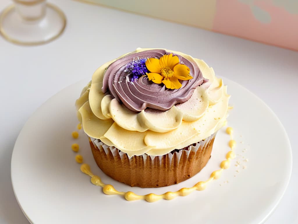  A closeup, ultradetailed image of a beautifully decorated vegan organic cupcake placed on a sleek, modern white plate. The cupcake is topped with intricate swirls of pastelcolored vegan frosting, delicate edible flowers, and a sprinkle of shimmering gold dust. The background is softly blurred, emphasizing the exquisite details of the cupcake's decoration and inviting the viewer to savor the innovative and organic qualities of this delectable treat. hyperrealistic, full body, detailed clothing, highly detailed, cinematic lighting, stunningly beautiful, intricate, sharp focus, f/1. 8, 85mm, (centered image composition), (professionally color graded), ((bright soft diffused light)), volumetric fog, trending on instagram, trending on tumblr, HDR 4K, 8K