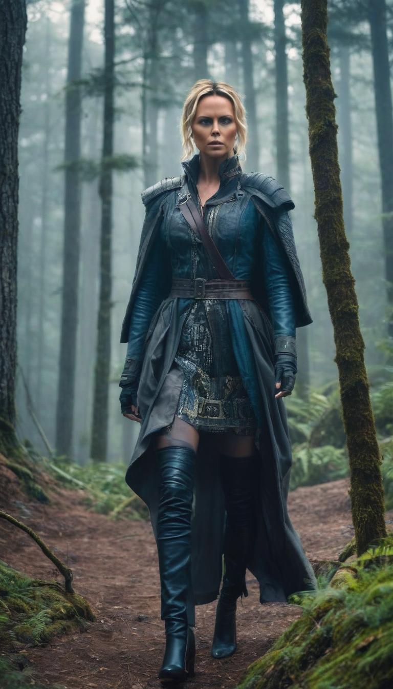  a wild woman living in the forest, dressed in scraps of skins, disheveled hair, dynamic pose, random angle, of an ultra detailed (young:1.3) Charlize Theron, soft light, haze, —ar 9:16 —niji 5, (Masterpiece:1.3), (best quality:1.3). hyperrealistic, full body, detailed clothing, highly detailed, cinematic lighting, stunningly beautiful, intricate, sharp focus, f/1. 8, 85mm, (centered image composition), (professionally color graded), ((bright soft diffused light)), volumetric fog, trending on instagram, trending on tumblr, HDR 4K, 8K