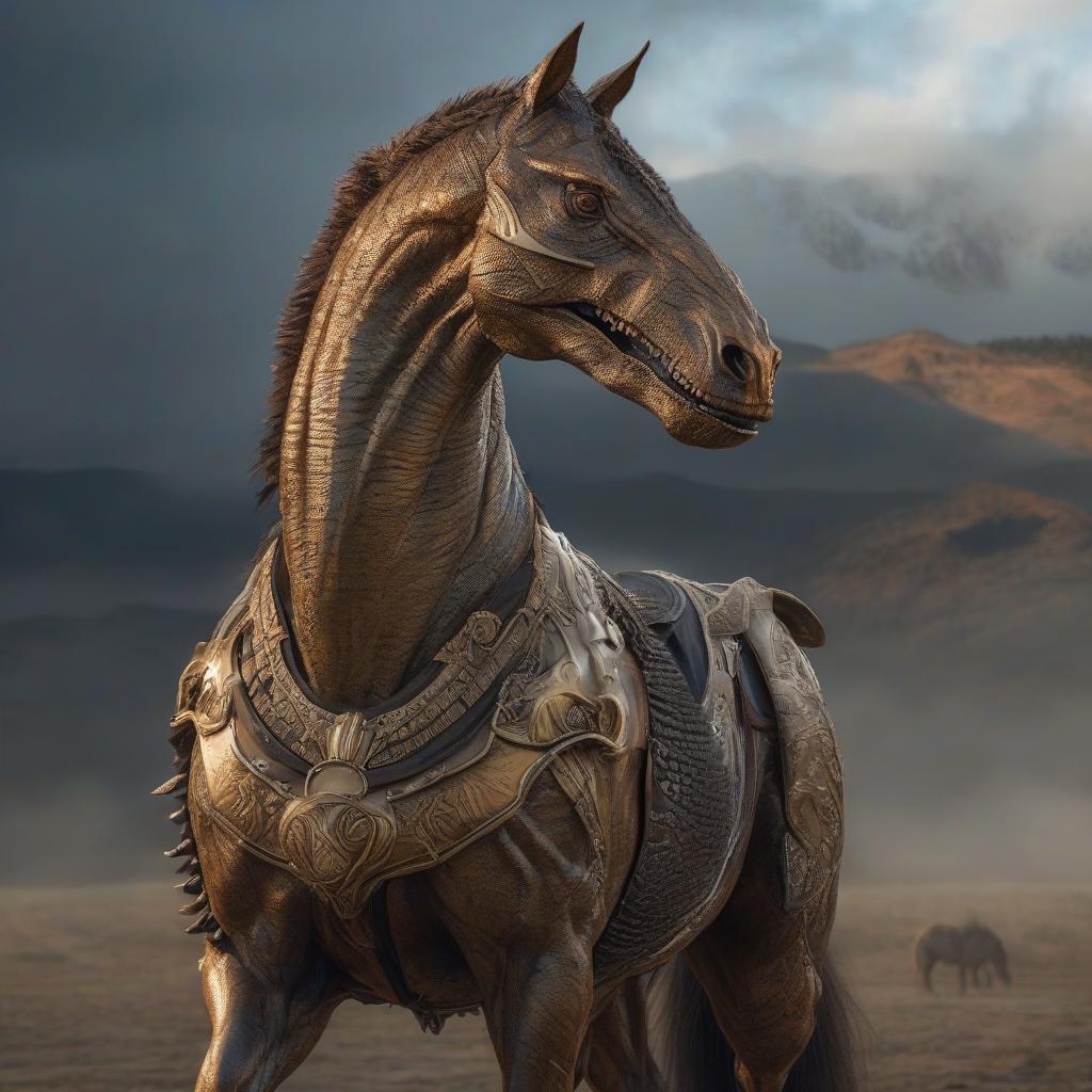  A beautiful, elegant horse with the head of a Tyrannosaurus. hyperrealistic, full body, detailed clothing, highly detailed, cinematic lighting, stunningly beautiful, intricate, sharp focus, f/1. 8, 85mm, (centered image composition), (professionally color graded), ((bright soft diffused light)), volumetric fog, trending on instagram, trending on tumblr, HDR 4K, 8K