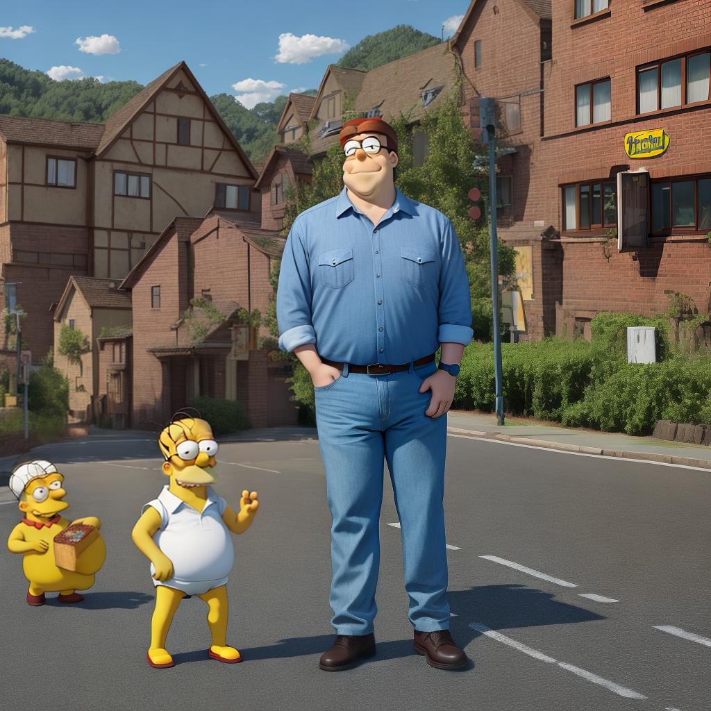  masterpiece, best quality, Peter Griffin and Homer Simpson standing on the road