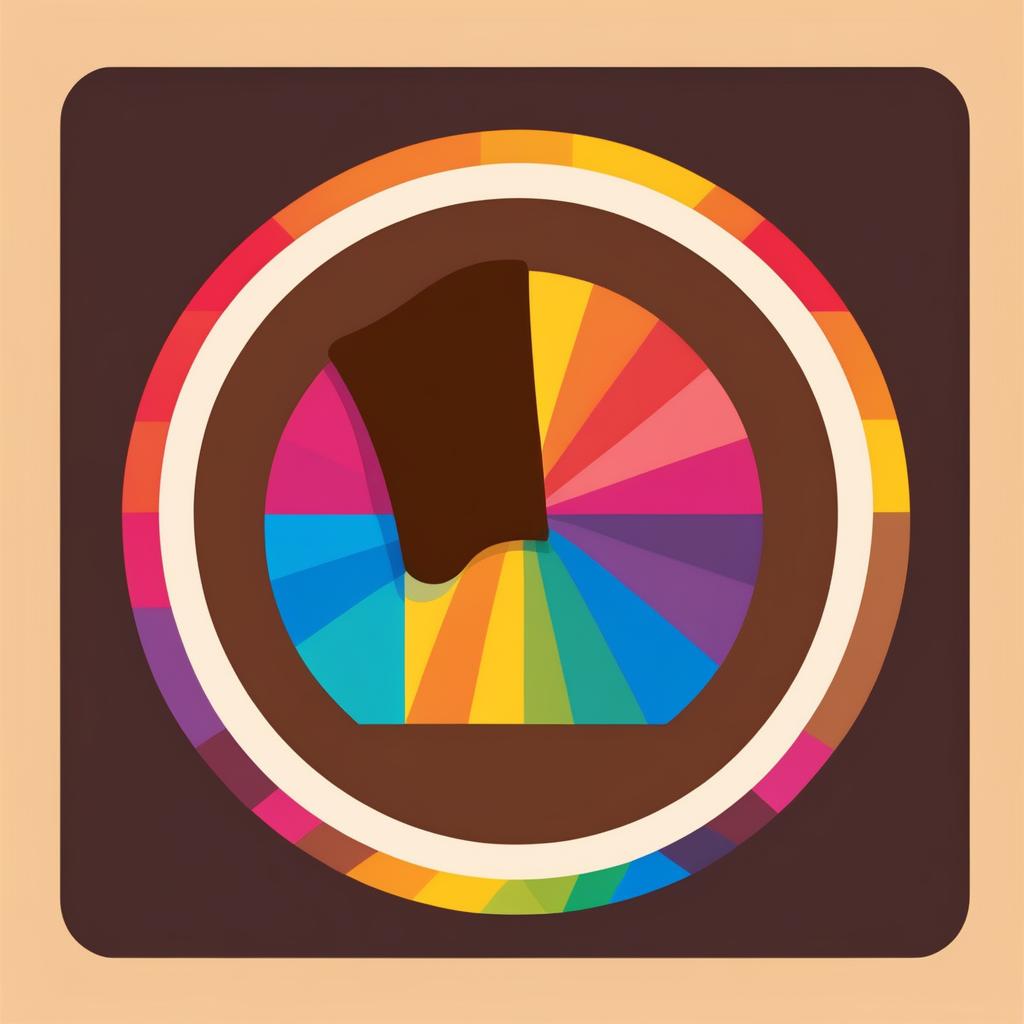  Single minimal abstract icon logo.

Circle shape filled with various shades of brown, rainbow-colored arc curving across the top with a smiling chocolate bar in the center.

Modern aesthetic, symmetric, colorful, icon centered on a dark background. No text, tight, defined border.