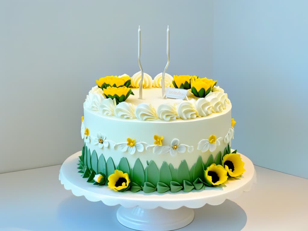  A highresolution, minimalist image showcasing a beautifully decorated multilayered birthday cake adorned with intricate sugar flowers and delicate piping details. The cake stands elegantly on a simple, pristine white cake stand, emphasizing the craftsmanship and artistry involved in traditional birthday cake decoration. The color palette is soft and pastel, enhancing the sense of refinement and sophistication in the pastry creation. hyperrealistic, full body, detailed clothing, highly detailed, cinematic lighting, stunningly beautiful, intricate, sharp focus, f/1. 8, 85mm, (centered image composition), (professionally color graded), ((bright soft diffused light)), volumetric fog, trending on instagram, trending on tumblr, HDR 4K, 8K