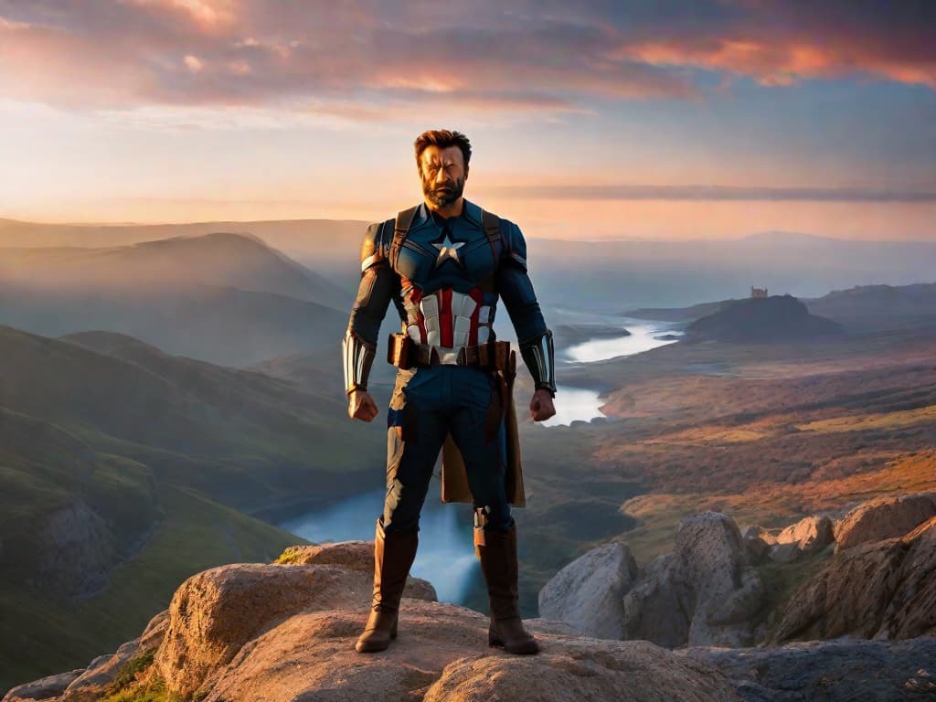  Exciting news from Marvel! An image of Hugh Jackman and Chris Evans standing side by side, wearing their iconic Wolverine and Captain America costumes, with a backdrop of the Marvel logo. The image captures the anticipation and thrill of fans as they eagerly await the return of these beloved characters to the MCU.digital art, ilustration hyperrealistic, full body, detailed clothing, highly detailed, cinematic lighting, stunningly beautiful, intricate, sharp focus, f/1. 8, 85mm, (centered image composition), (professionally color graded), ((bright soft diffused light)), volumetric fog, trending on instagram, trending on tumblr, HDR 4K, 8K