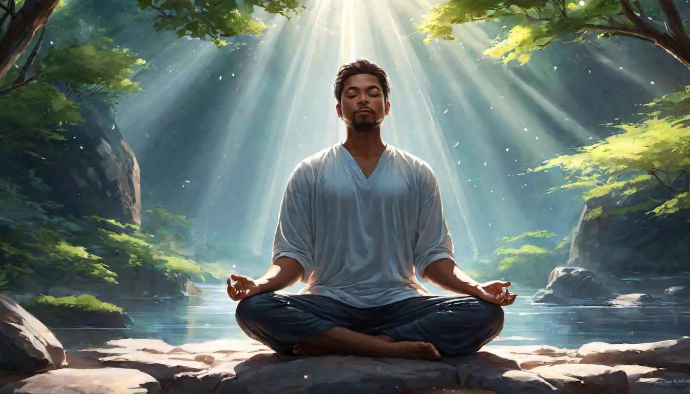  digital illustration, A person in a serene meditative pose, gentle rays of light illuminating the surrounding space, inward focus, clarity, inner peace, looking at viewer, dynamic pose, (intricate details, masterpiece, best quality)