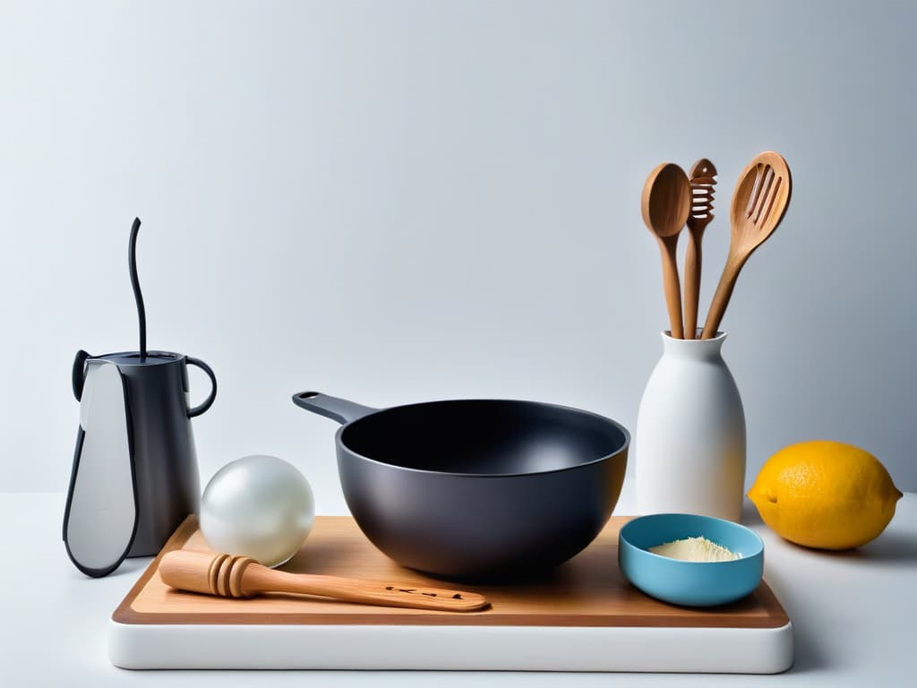  A sleek, minimalistic kitchen counter with only a few essential baking tools neatly arranged: a whisk, a spatula, a rolling pin, a measuring cup, and a mixing bowl, all in matte black finish against a pristine white backdrop, exuding elegance and simplicity in its design. hyperrealistic, full body, detailed clothing, highly detailed, cinematic lighting, stunningly beautiful, intricate, sharp focus, f/1. 8, 85mm, (centered image composition), (professionally color graded), ((bright soft diffused light)), volumetric fog, trending on instagram, trending on tumblr, HDR 4K, 8K