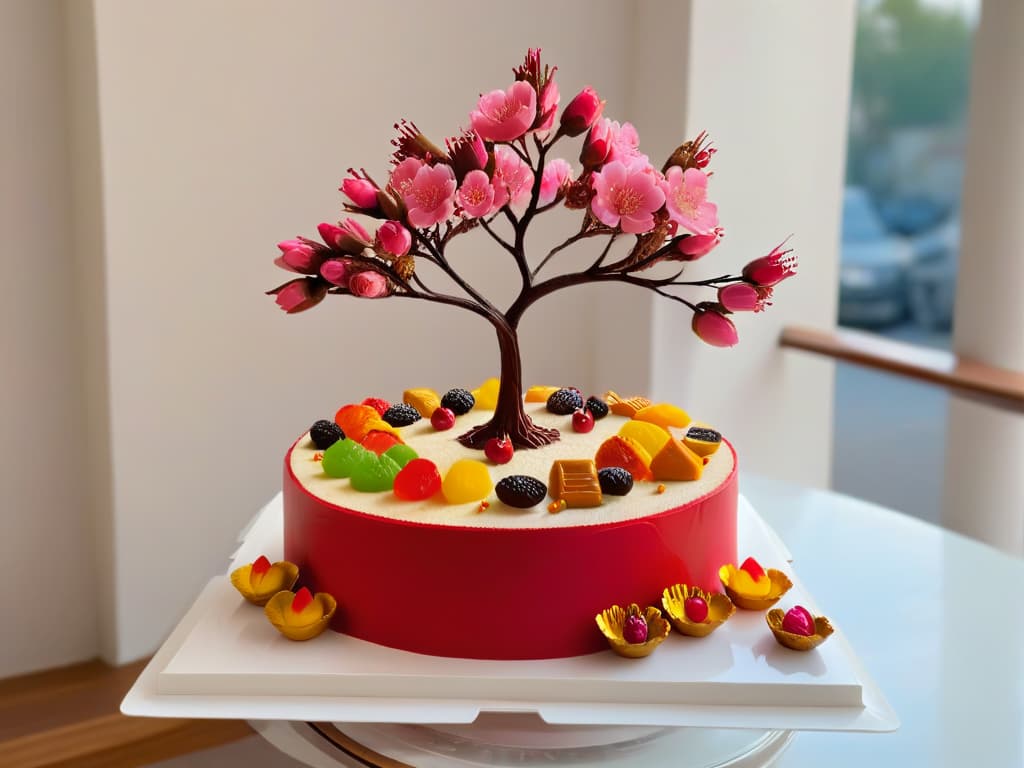  An ultradetailed, minimalistic image depicting a beautifully crafted cherry blossom tree made entirely out of various traditional Chinese sweets and desserts. The scene is set against a serene backdrop, with each petal and treat meticulously designed to showcase the intricate fusion of Chinese New Year dessert elements. The vibrant colors and delicate details symbolize the rich cultural influence and sweet traditions that intertwine in the world of global pastry arts, evoking a sense of celebration and prosperity. hyperrealistic, full body, detailed clothing, highly detailed, cinematic lighting, stunningly beautiful, intricate, sharp focus, f/1. 8, 85mm, (centered image composition), (professionally color graded), ((bright soft diffused light)), volumetric fog, trending on instagram, trending on tumblr, HDR 4K, 8K