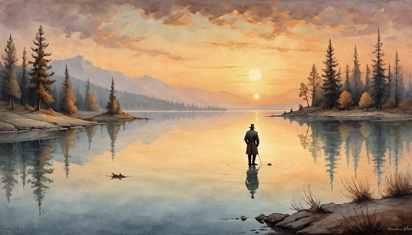  on parchment, surrealism+++, Person standing by a tranquil lake, reflection on water, sunset hues, calm and introspective, connection with nature(mysterious, provocative, symbolic,muted color)+++