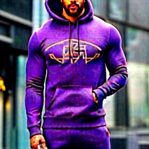  a man in a purple hoodie with flames on his fist hyperrealistic, full body, detailed clothing, highly detailed, cinematic lighting, stunningly beautiful, intricate, sharp focus, f/1. 8, 85mm, (centered image composition), (professionally color graded), ((bright soft diffused light)), volumetric fog, trending on instagram, trending on tumblr, HDR 4K, 8K