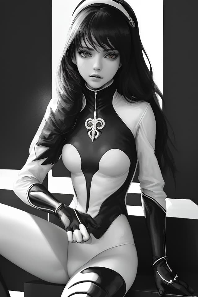  (BLACK AND WHITE MONOCHROME Illustration) (Cool Beautiful Girl) CK Rider Suit, Cool, Nice Body, Sitting on Stair (Close Up of of OF of UPPER BODY) High Quality, 8k, 16k