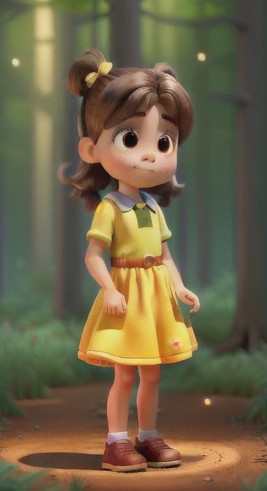  {The pine forest at twilight, with fireflies twinkling like stars among the trees, casting a gentle, magical glow., A young named Lily with brown hair in pigtails, wearing a bright yellow dress with red shoes, and holding a small lantern. She is curious and adventurous.