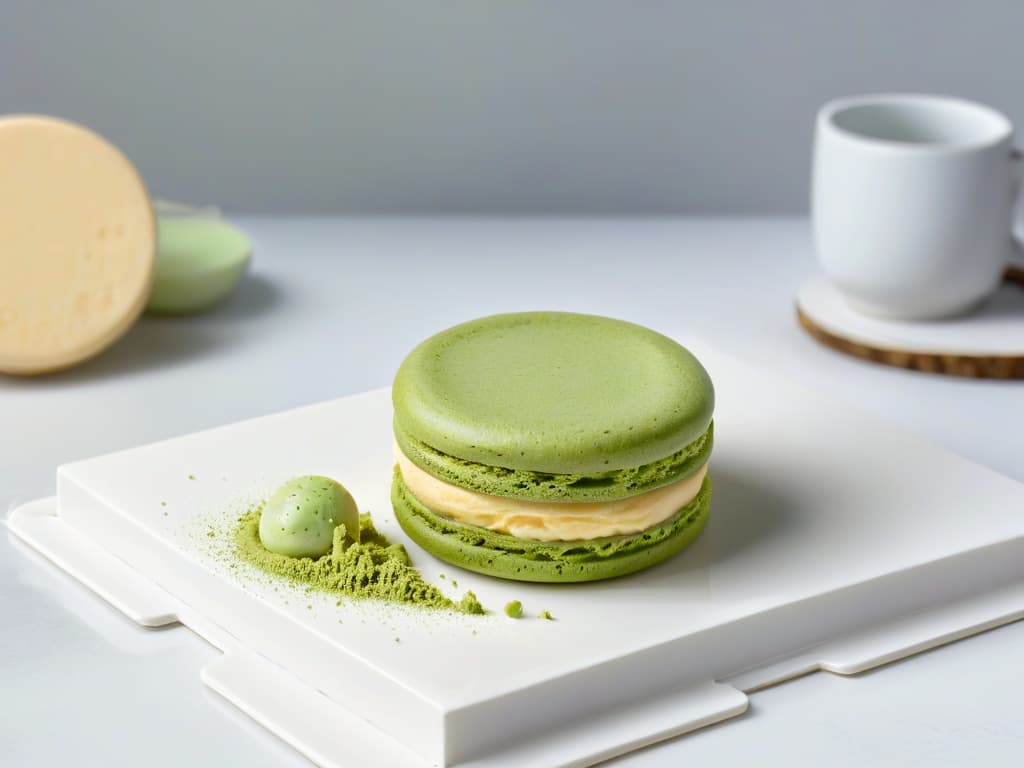  An ultrahighresolution, detailed image of a delicate matcha green tea macaron resting on a modern, elegant white porcelain plate. The macaron is perfectly smooth, showcasing a vibrant green hue that contrasts beautifully with the pristine white background. Its surface is dusted with a light sprinkling of matcha powder, adding a touch of elegance to the minimalistic composition. The plate sits on a sleek marble countertop, reflecting soft, natural light that highlights the intricate details of the dessert, making it appear almost lifelike in its exquisite simplicity. hyperrealistic, full body, detailed clothing, highly detailed, cinematic lighting, stunningly beautiful, intricate, sharp focus, f/1. 8, 85mm, (centered image composition), (professionally color graded), ((bright soft diffused light)), volumetric fog, trending on instagram, trending on tumblr, HDR 4K, 8K