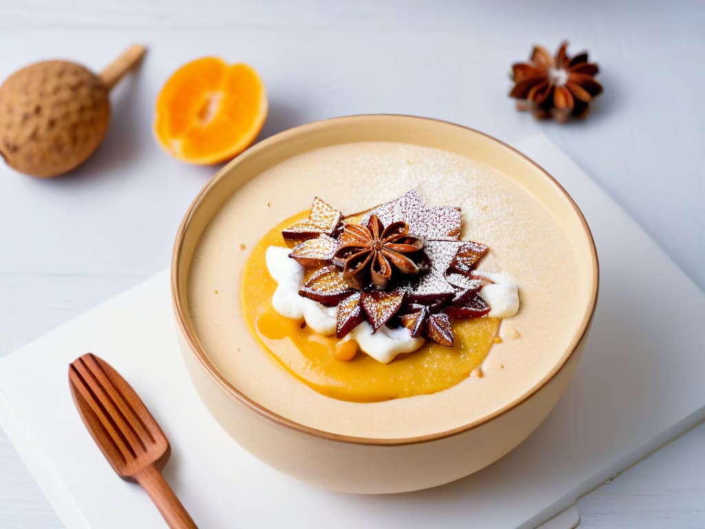  An ultradetailed closeup image of a perfectly smooth and creamy natilla colombiana dessert, topped with a sprinkle of cinnamon and a few whole cloves for decoration. The dessert is elegantly presented in a traditional ceramic bowl with a rustic wooden spoon placed delicately on the side, set against a simple, white background to emphasize the texture and richness of the natilla. hyperrealistic, full body, detailed clothing, highly detailed, cinematic lighting, stunningly beautiful, intricate, sharp focus, f/1. 8, 85mm, (centered image composition), (professionally color graded), ((bright soft diffused light)), volumetric fog, trending on instagram, trending on tumblr, HDR 4K, 8K