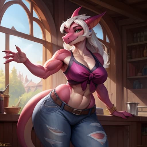  By bonifasko, by Noctoc, (hyper hips:1.2), (hyper butt:1:1), (tilt left:1.1), standing forward, female, (jeans shorts:1.1), (hands on the waistband of jeans:1.3), androgen, white hair, muscle legs, kobold, magenta color skin., open eyes, digital art, masterpiece, 4k, fine details,