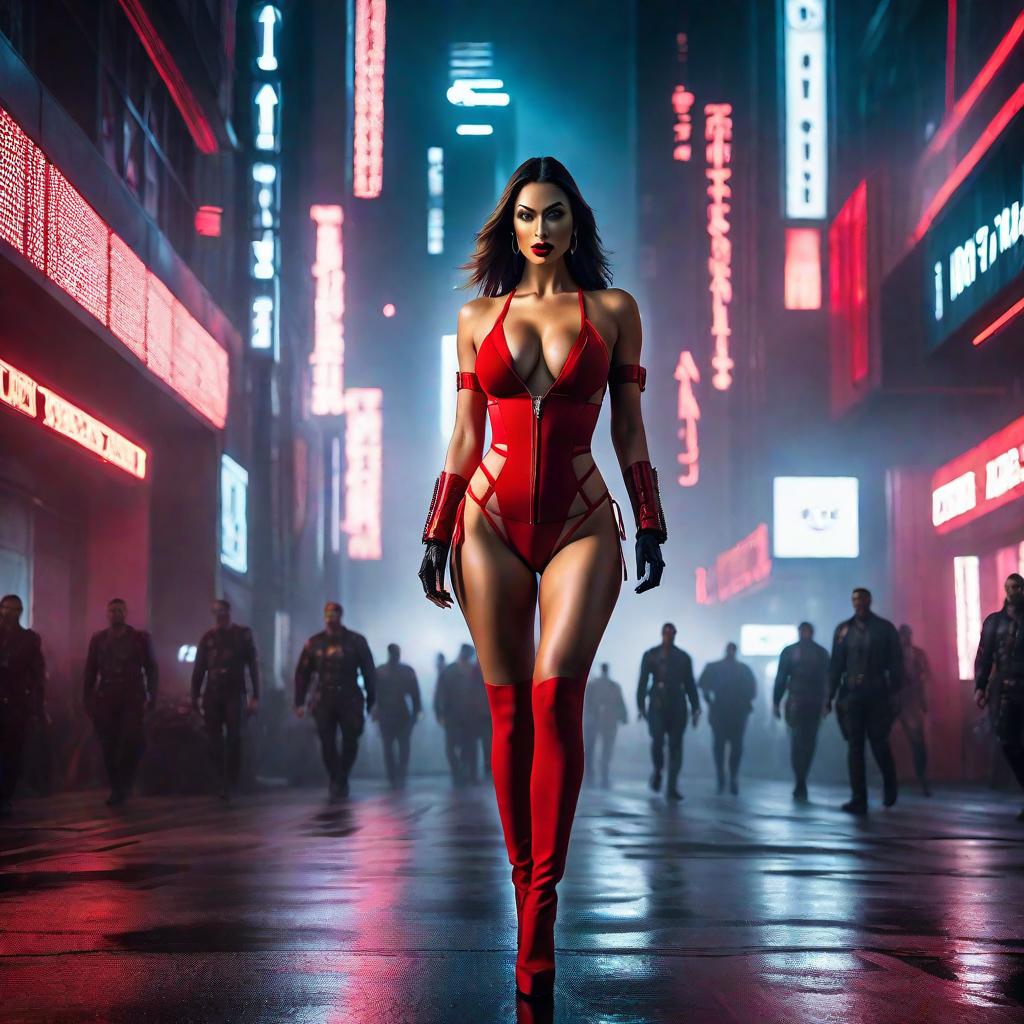  Hot and young lady in red lingerie walking at the cyberpunk atmosphered city hyperrealistic, full body, detailed clothing, highly detailed, cinematic lighting, stunningly beautiful, intricate, sharp focus, f/1. 8, 85mm, (centered image composition), (professionally color graded), ((bright soft diffused light)), volumetric fog, trending on instagram, trending on tumblr, HDR 4K, 8K