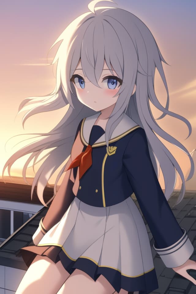  ((High quality, high quality, super resolution, good anatomy)) MasterPEACE, Best of the Best A beautiful black triple ided rooftop sweet that matches a small, cute female picture High student nice uniform Windy Sunset