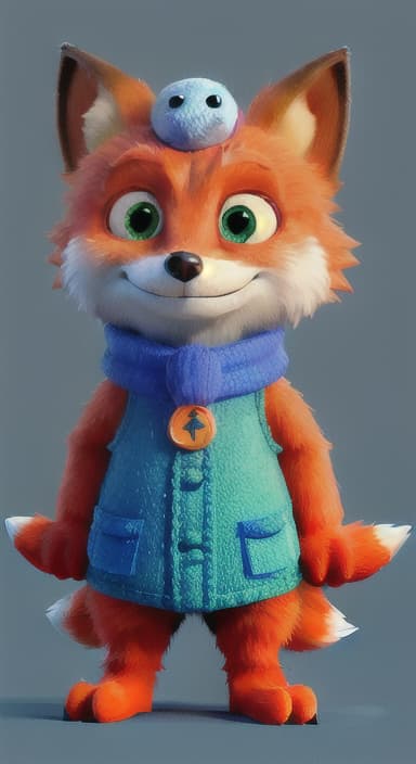  {Error the fox pressing the blue button with his paw, looking puzzled as nothing occurs., Error is a small, bright orange fox with a fluffy tail and big, inquisitive eyes. He has a mischievous yet kind expression and wears a tiny green scarf.