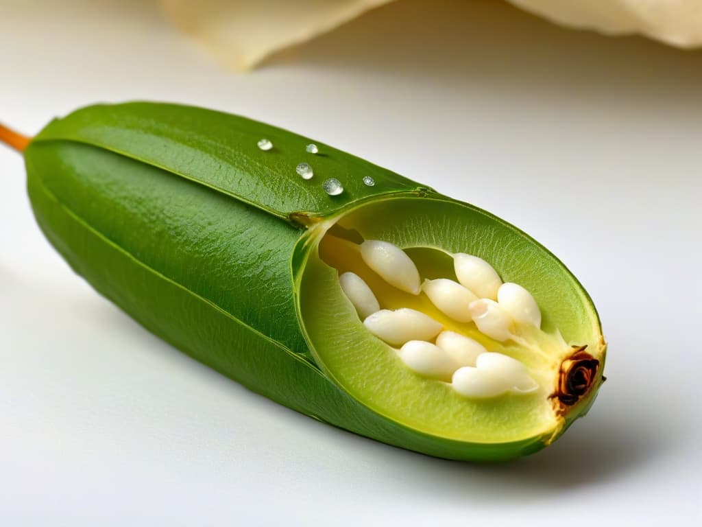  A closeup, highresolution image of a delicate, elegant vanilla bean pod split in half, showcasing the tiny seeds inside against a soft, blurred background. The focus is on the intricate details of the pod, highlighting its natural beauty and enticing aroma, perfect for illustrating the use of natural sweeteners in lowcalorie baking. hyperrealistic, full body, detailed clothing, highly detailed, cinematic lighting, stunningly beautiful, intricate, sharp focus, f/1. 8, 85mm, (centered image composition), (professionally color graded), ((bright soft diffused light)), volumetric fog, trending on instagram, trending on tumblr, HDR 4K, 8K