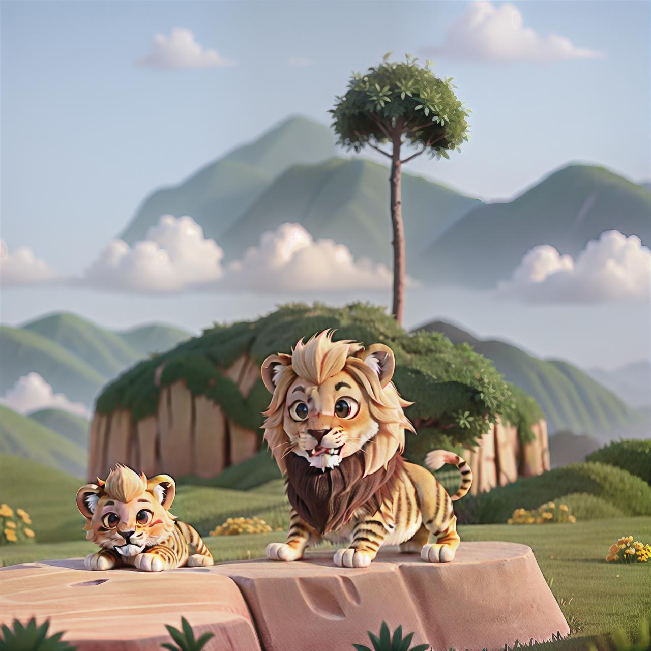  masterpiece, best quality, lion cub, smile, big eyes, valley