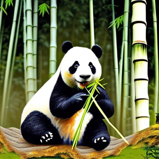 wa-vy style Panda eating bamboo in the forest high resolution