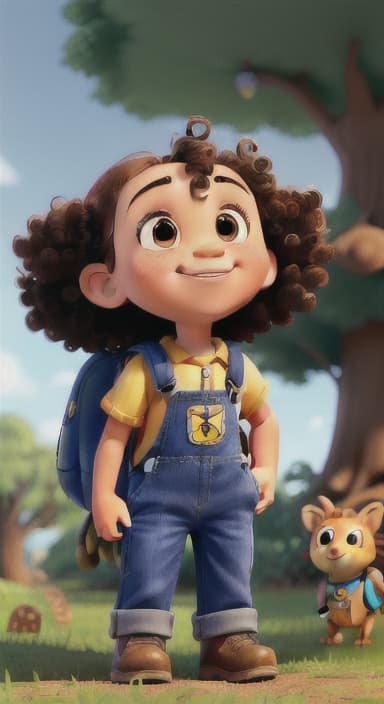  {Riley looking up at the tree with a big smile, animals surrounding them., Riley, a curious with big brown eyes and curly hair, wearing overalls and carrying a small backpack. Their friend, Skye, a bluebird with shiny feathers.