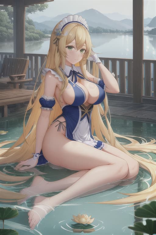  (score 9,score 8 up,score 7 up,),1girl,solo,maid,maid headdress,looking at viewer,outdoor,lake,apron,blonde hair,indoors,green eyes,bare foot,two feet in the water lotus flower sex stunny hyperrealistic, full body, detailed clothing, highly detailed, cinematic lighting, stunningly beautiful, intricate, sharp focus, f/1. 8, 85mm, (centered image composition), (professionally color graded), ((bright soft diffused light)), volumetric fog, trending on instagram, trending on tumblr, HDR 4K, 8K