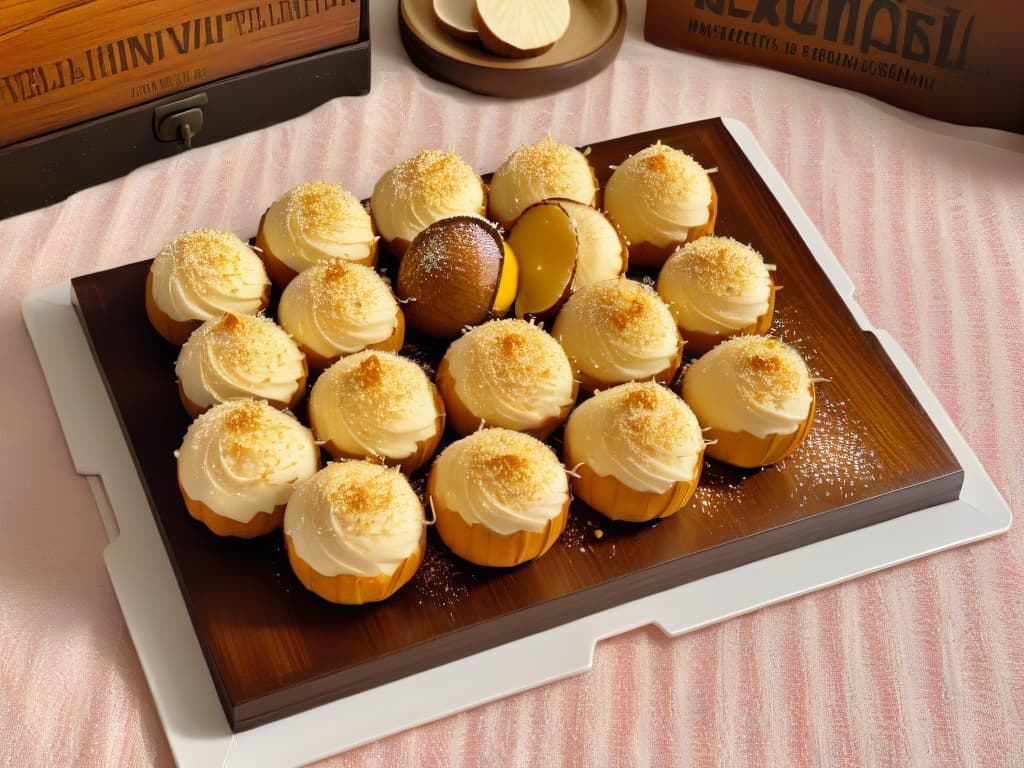  A closeup, ultradetailed image of freshly baked golden cocadas arranged neatly on a rustic wooden platter. The coconut candies are perfectly shaped, with a glistening surface that reflects the light, showcasing their chewy texture. Each cocada is delicately sprinkled with fine coconut flakes, adding a touch of elegance to the traditional sweet treat. The background is softly blurred, emphasizing the simplicity and beauty of these delectable coconut delights. hyperrealistic, full body, detailed clothing, highly detailed, cinematic lighting, stunningly beautiful, intricate, sharp focus, f/1. 8, 85mm, (centered image composition), (professionally color graded), ((bright soft diffused light)), volumetric fog, trending on instagram, trending on tumblr, HDR 4K, 8K